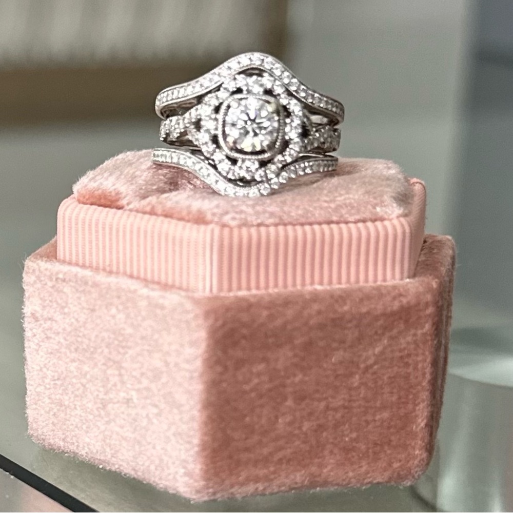 Zinnia Halo Engagement ring with Art Nouveau Diamond Pave Contour Bands